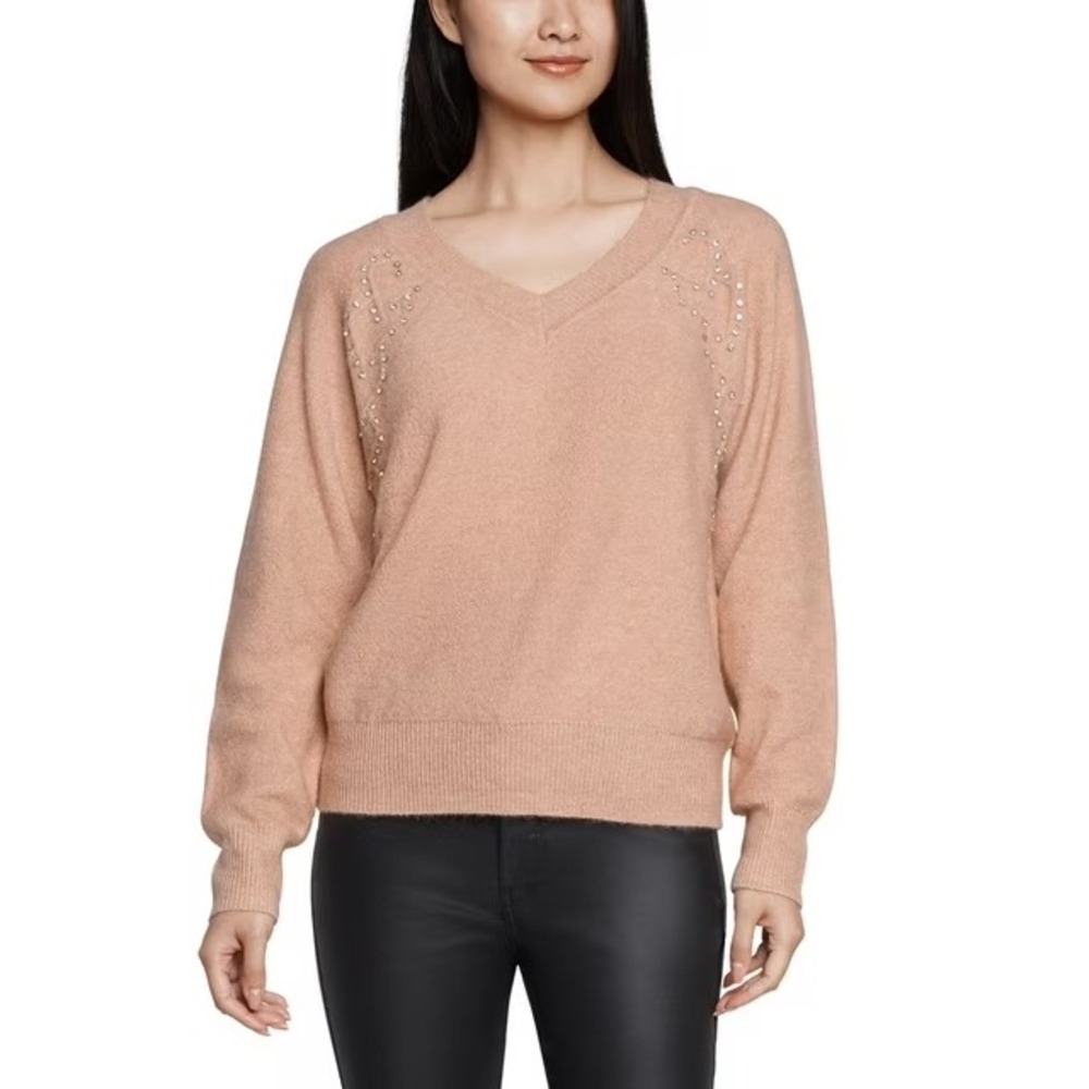 Express women's embellished rhinestones sweater V-neckline soft feminine